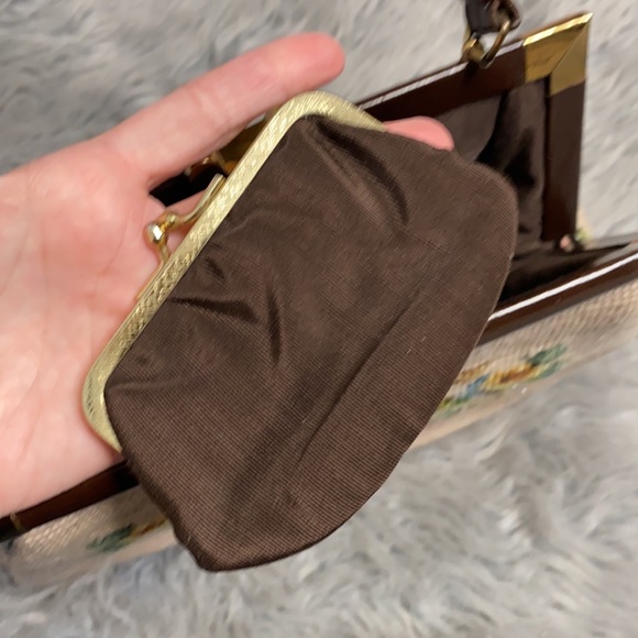 Vintage Floral Needlepoint Clutch with Brown Handle - Picture 6 of 8